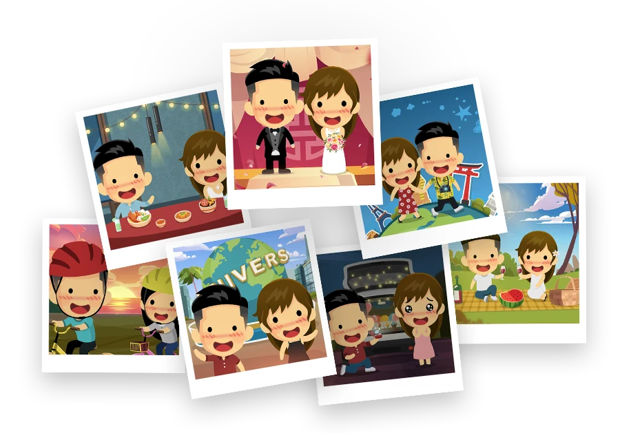 A collage of personalised cartoon scenes showing dating, travel, proposal and wedding moments