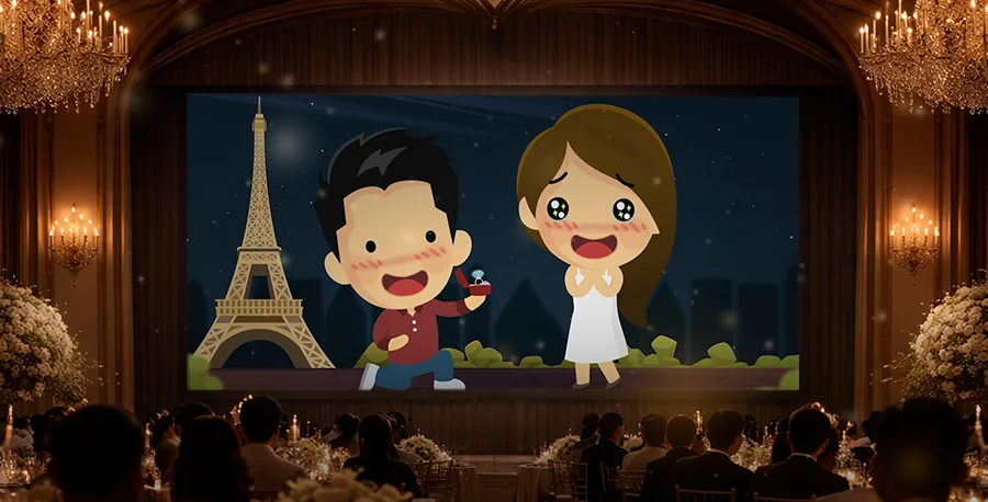 A custom love story animation playing on a wedding reception screen