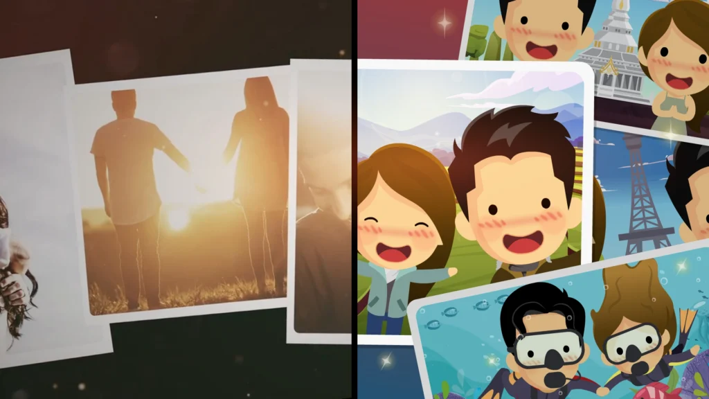 Animated wedding love story video replacing traditional photo montage for wedding banquet