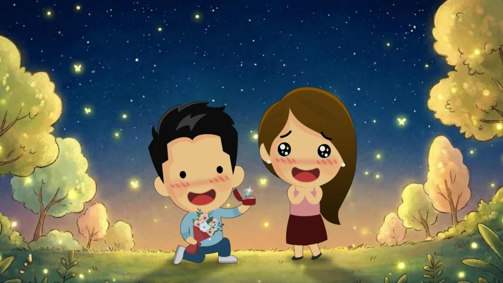 2D animated illustration of a romantic proposal under a starry night sky featuring a custom cartoon couple